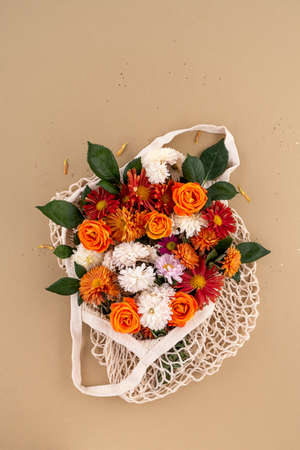 Minimal flowers mock up on earth tones Backgroundの写真素材