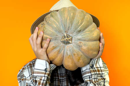 Portrait without face Girl covers face big pumpkinの写真素材