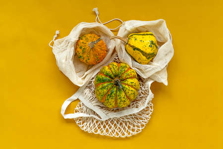 Zero waste healthy food pumpkin, seeds, vegetables, dried fruits flat lay on orange background. Groceries in textile bags,glass jars. Eco friendly plastic free low waste lifestyle.の写真素材