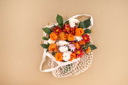 Minimal flowers mock up on earth tones Backgroundの写真素材