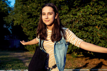 Portrait teenage girl having fun at natureの写真素材