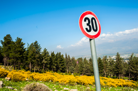 way road sign slow down in nature sky and flowersの写真素材