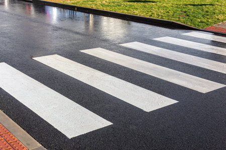 Nobody on crosswalk in clack and white crosswalk lines after rain wetの写真素材
