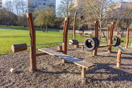Outdoor gym in public park wooden barbbellsの写真素材
