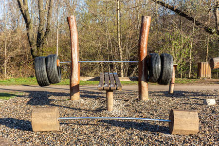Outdoor gym in public park wooden barbbellsの写真素材