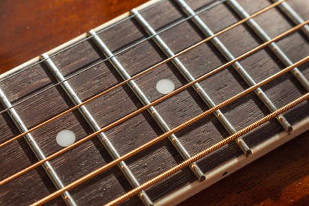 Guitar neck, stretched strings, frets and texture of natural material neck with selective shallow...