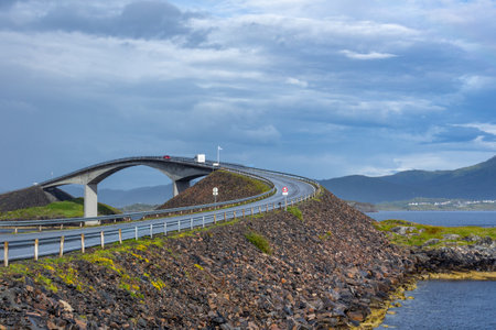 Atlantic Ocean Road,. Amazing and world famous road in Norway. Sea landscape with bridge. Atlanterhavsvegenの写真素材