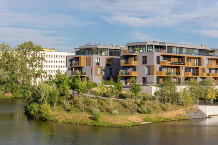 modern architecture residential building condominium appartments development cloud with small boat marinaの写真素材