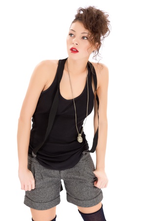 Studio portrait of an attractive surpriced young woman looking on the side isolated on whiteの写真素材