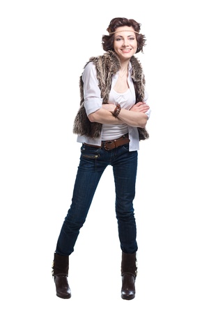  smiling fashion woman in autumn apparel on white backgroundの写真素材
