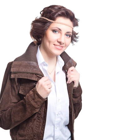  smiling fashion woman in autumn apparel on white backgroundの写真素材