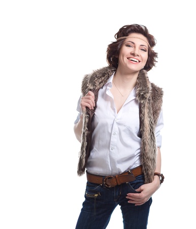 smiling fashion woman in autumn apparel on white backgroundの写真素材