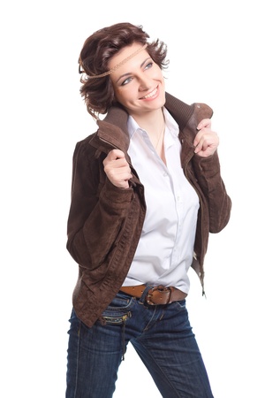smiling fashion woman in autumn apparel on white backgroundの写真素材
