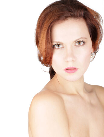 serious beauty woman portrait isolated on whiteの写真素材