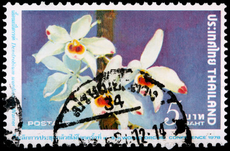 THAILAND - CIRCA 1978: A 5-baht stamp printed in the Kingdom of Thailand shows plants and flowers of the native orchid, Dendrobium wardianum, to commemorate the 9th World Orchid Conference, circa 1978のeditorial素材