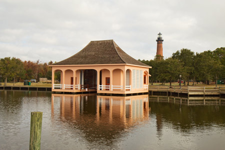 COROLLA, NORTH CAROLINA - NOVEMBER 8  The historic boathouse and lighthouse at Currituck Heritage Park, November 8, 2011  The park is a popular destination for visitors to the northern outer banks のeditorial素材