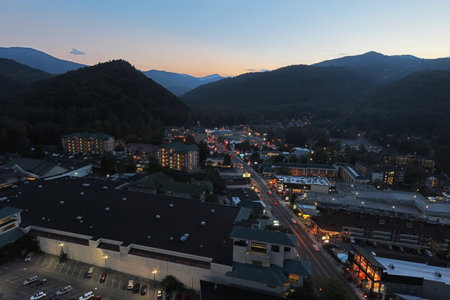 GATLINBURG, TENNESSEE - OCTOBER 5: Aerial night view of Gatlinburg, Tennessee on October 5, 2013. Gatlinburg is a major tourist destination and gateway to the Great Smoky Mountains National Park.のeditorial素材
