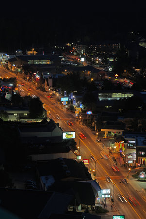 GATLINBURG, TENNESSEE - OCTOBER 5: Aerial night view of Gatlinburg, Tennessee on October 5, 2013. Gatlinburg is a major tourist destination and gateway to the Great Smoky Mountains National Park.のeditorial素材