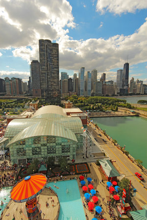 CHICAGO, ILLINOIS - SEPTEMBER 4: Aerial view of Navy Pier in Chicago, Illinois with a skyline background on September 4, 2011. The Pier is a popular destination with many attractions on Lake Michigan.のeditorial素材