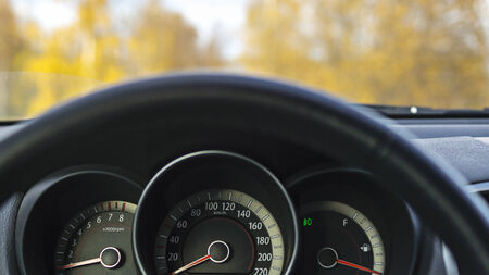 Car steering wheel in autumn