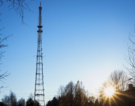 TV tower in blue sky at sunsetの写真素材