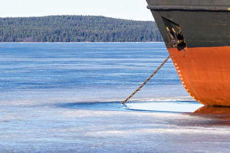 Ship docked on lake in early springの写真素材