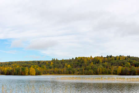 Northern forest lake in autumnの写真素材