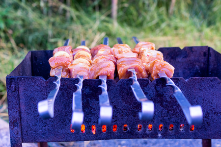Pork meat roasting on skewers on picnicの写真素材