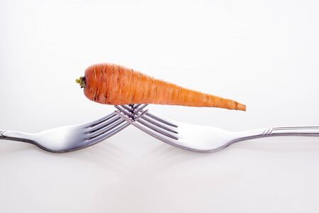 Natural raw carrot from the garden, on forks on white backgroundの写真素材