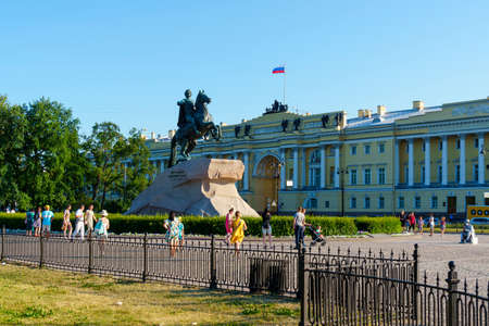Tourists around sculpture of Emperor Peter the Great - The Bronze Horseman