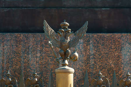 Heraldic figure of two-headed eagle on metal fence at foot of Alexander Columnのeditorial素材