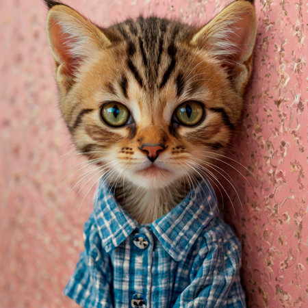 Cute bengal kitten in blue shirt on pink wall backgroundの写真素材