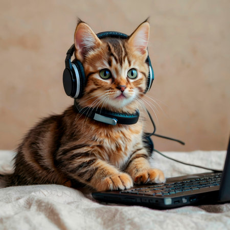 Cute ginger kitten with headphones and laptop on a light background.の写真素材