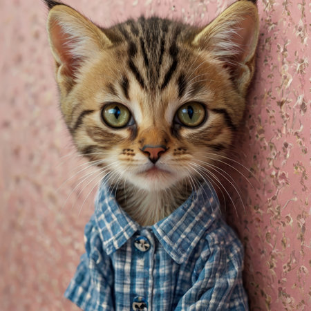 Cute bengal kitten in blue shirt on pink wall backgroundの写真素材