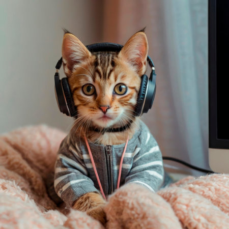 Cute little bengal kitten with headphones listening to music at home