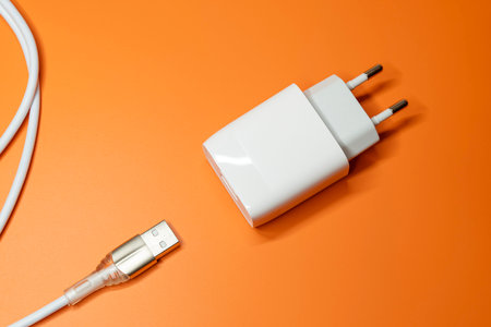 Power supply and USB cable. Power adapter, home electronics chargerの写真素材