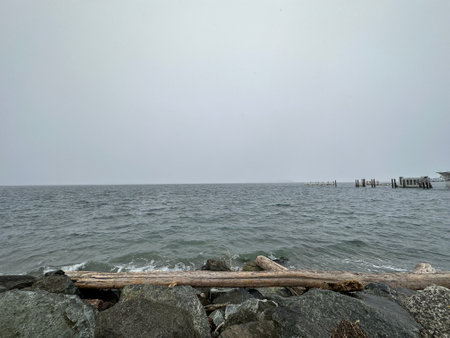 A large piece of driftwood sits on a rocky shore with grey skies and dark waters, near Sidney, British Columbiaの写真素材