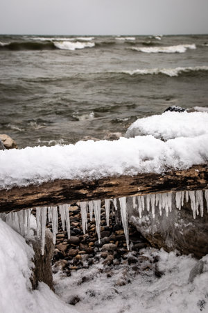 Log covered by snow and ice with waves coming in and ice on the shoreline in the Bruce Peninsula, Ontarioの写真素材