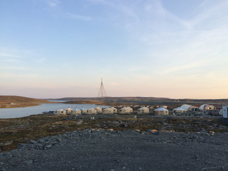Remote geological mine site camp with canvas tents, Nunavut, Canadaの写真素材