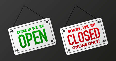 Sign on door store with come in we are open. Business open or closed black banner. Vector.のイラスト素材
