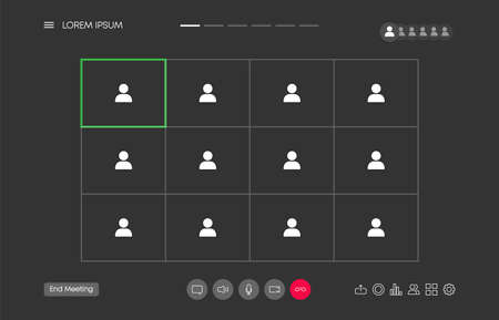 Video chat many users interface, video calls window overlay. UI UX design. Vector illustration.のイラスト素材