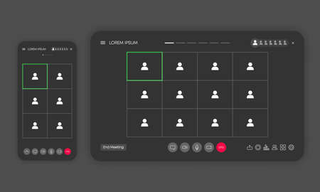 Call screen template on window browser or app. Video chat or meeting or conference. Mockup UI, UX interface. Vector.のイラスト素材