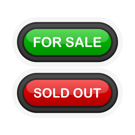 For Sale or Sold Out green or red realistic 3D button isolated on white background. Hand clicked. Vector illustration.のイラスト素材