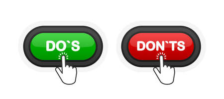 Dos or Donts green or red realistic 3D button isolated on white background. Hand clicked. Vector illustration.のイラスト素材