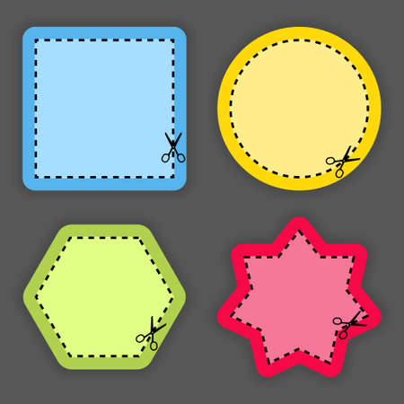 Set of scissors cutting of different colors shapes and lines on black background. Cut coupon. Vector illustration.のイラスト素材