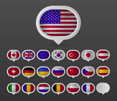European flags realistic flags collection in map point design. Made in European. Vector illustration.のイラスト素材