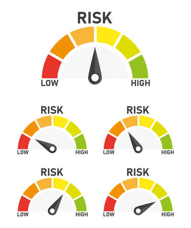 Set risk speedometer icon or sign of different colors with black arrow. Vector illustration.のイラスト素材
