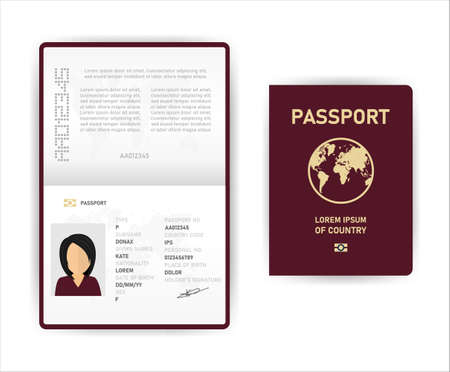 Realistic vector template open passport. International passport with sample personal data page o women. Document for travel and immigration. Vector illustration.のイラスト素材