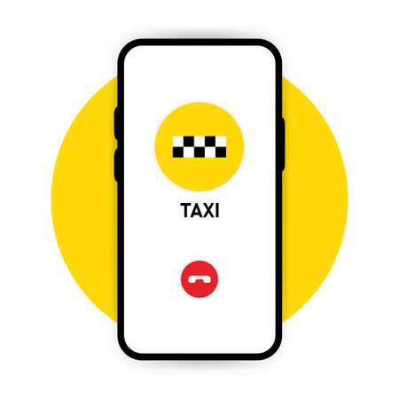 The taxi call on screen phone on yellow and white background. Vector illustration.のイラスト素材