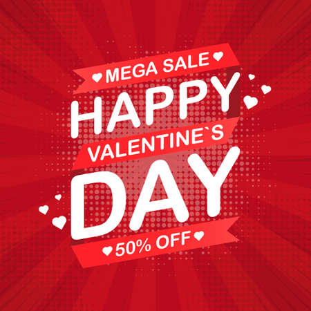Red sale banner template design on red abstract background. Beautiful design. Mega Sale Special Offer. Upto 50 percent off. Happy Valentines Day. Vector illustration.のイラスト素材